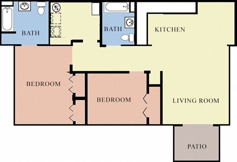 Floor plan for 2 beds, 2 baths, 858 sqft